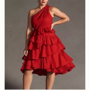Anthropologie Crimson One-Shoulder Tiered Ruffle Dress